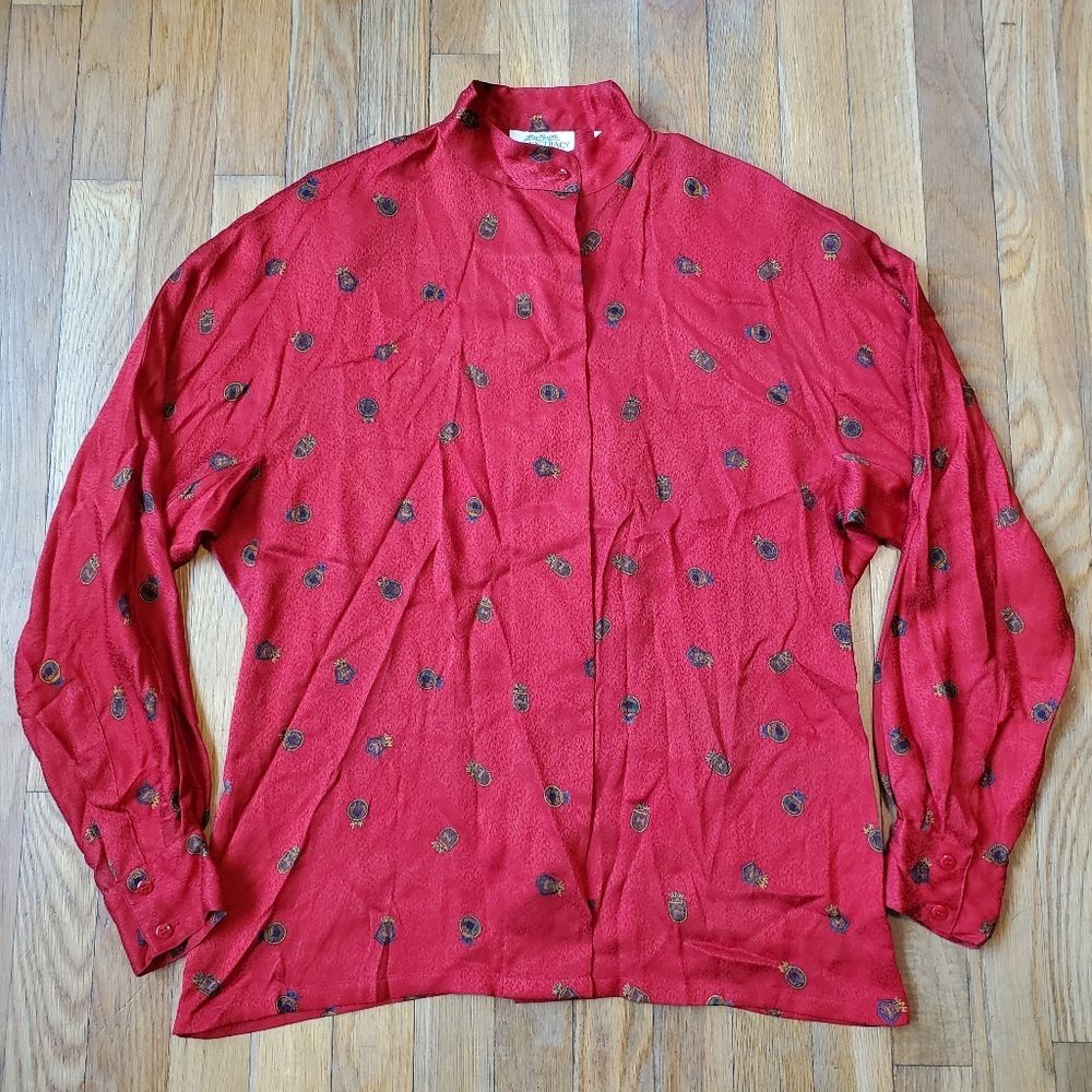 Vintage Linda‎ Allard Ellen Tracy 100% Silk Button Up Patterned Blouse Size 10